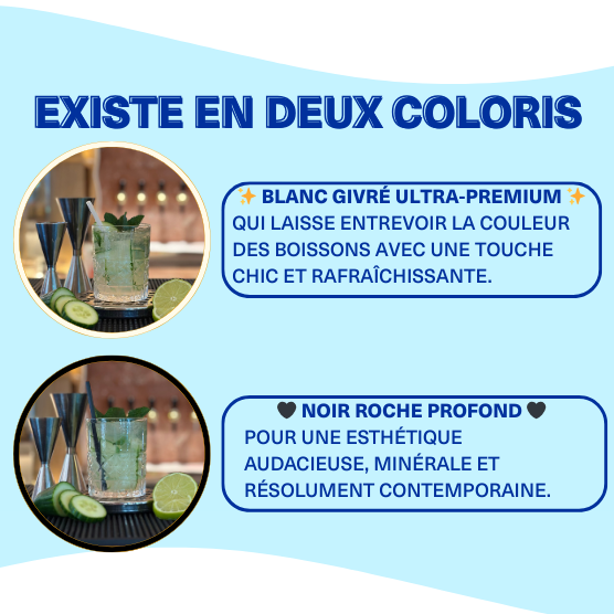 paille écologique française Small-Berry présentée dans deux short drinks avec deux coloris différents : noir roche et blanc givré ultra premium