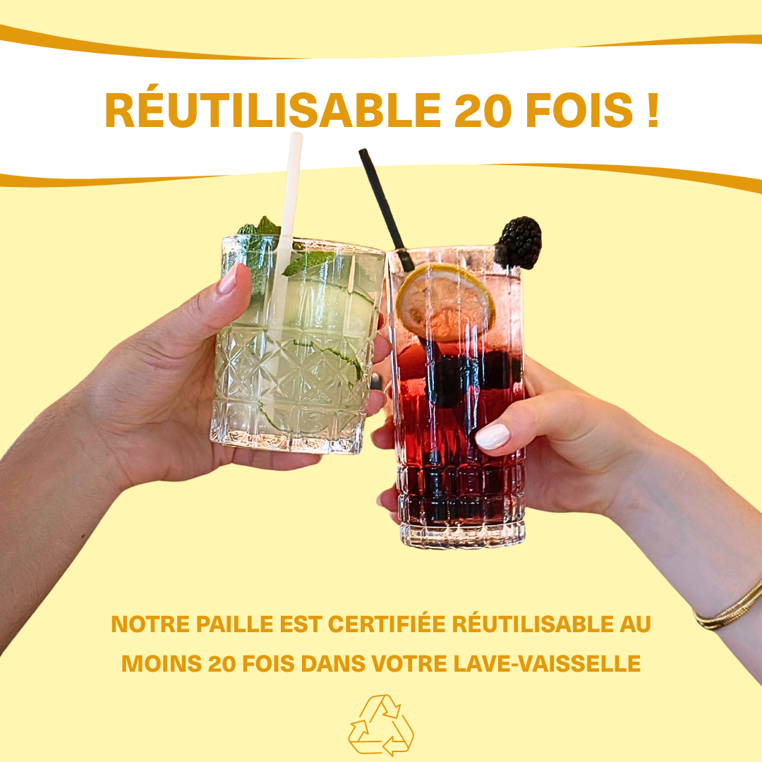 Pailles Bubble-Berry dans des verres à cocktails, réutilisables au moins 20 fois après lavage au lave-vaisselle
