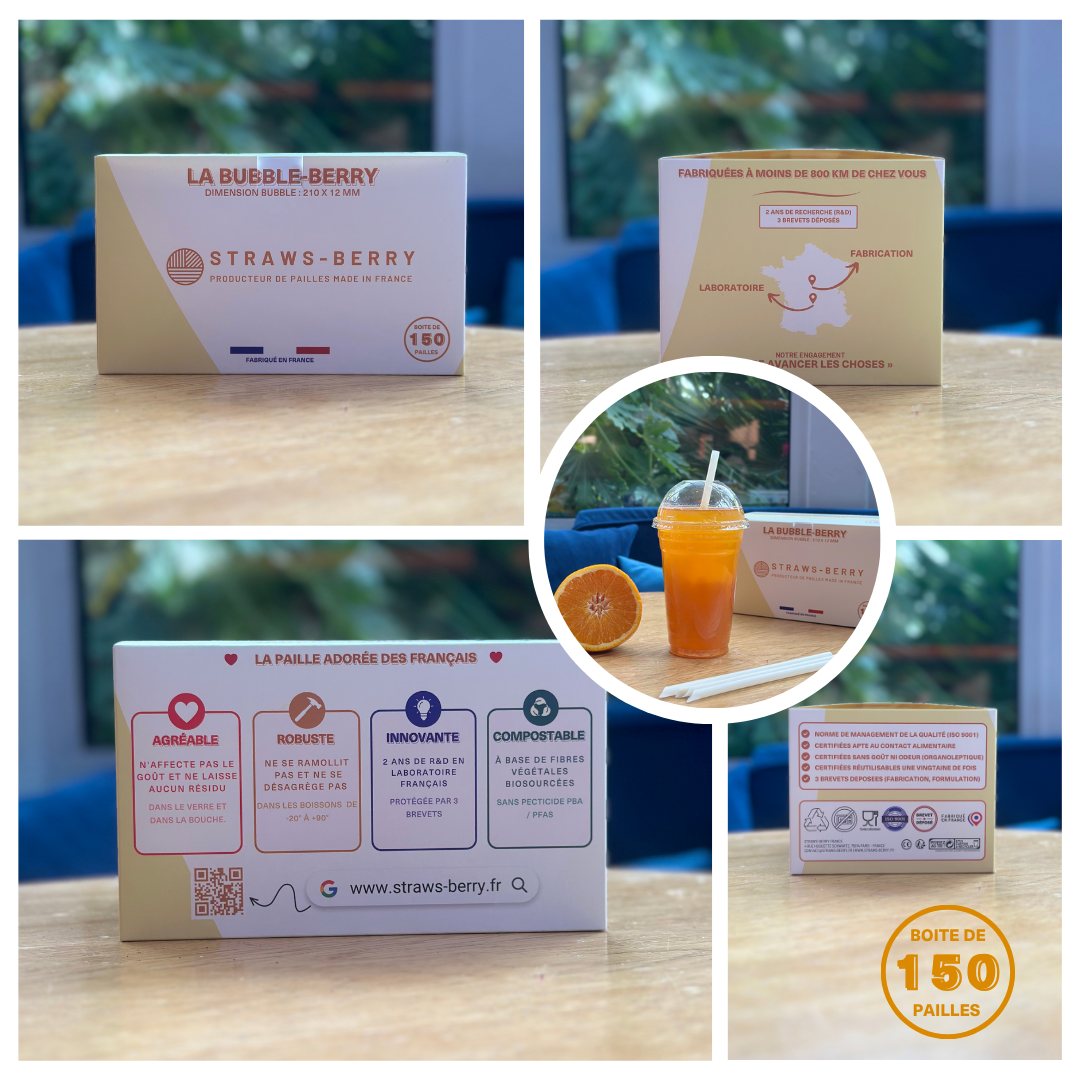 Paille Bubble-Berry en fibres végétales françaises  dans un verre en plastique transparent à emporter avec un jus d'orange. Fabriquée en France et boîte de 150 pailles