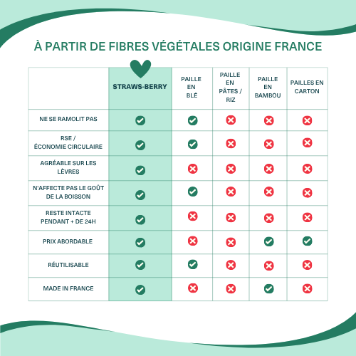 Tableau comparatif des pailles en fibres végétales françaises de Straws-Berry face aux modèles en blé, pâtes, riz, bambou et carton sur 8 critères : résistance, RSE, confort, goût, durée, prix, réutilisation et made in France

