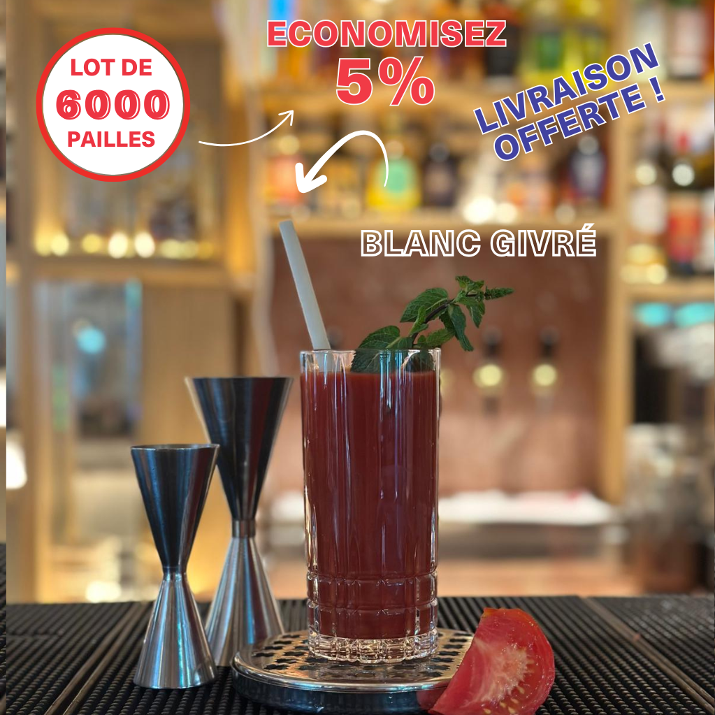 Paille à boire pour restaurant et bar, coloris blanc givré, dans un cocktail rouge avec menthe. Lot de 6 000 pailles, livraison offerte, économie de 5%
