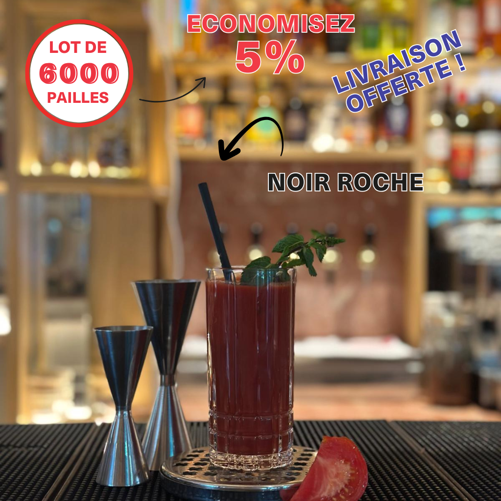 Paille de cocktail coloris noir roche, dans un cocktail rouge avec menthe. Lot de 6 000 pailles, livraison offerte, économie de 5%
