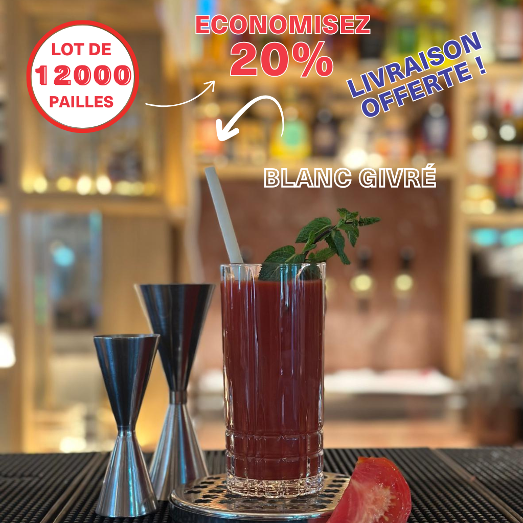 Paille réutilisable de couleur blanc givré dans un cocktail rouge avec menthe. Lot de 12 000 pailles, livraison offerte, économie de 20%
