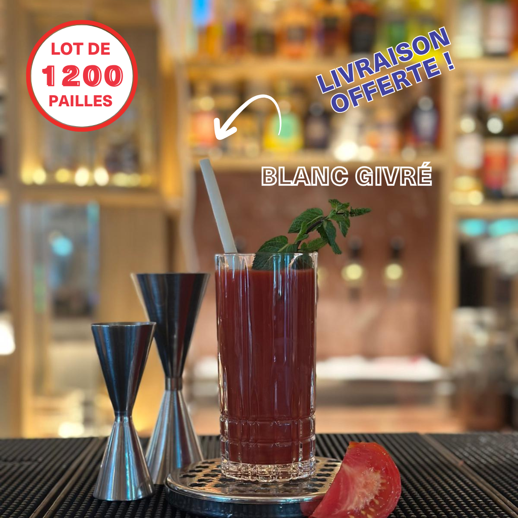 Paille blanc givré Straws-Berry dans un cocktail rouge avec menthe, sur un bar professionnel avec doseurs. Lot de 1200 pailles
