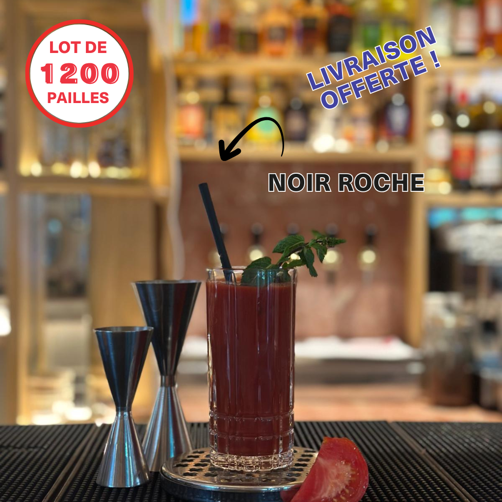 Paille noir roche Straws-Berry dans un cocktail rouge avec menthe, sur un bar professionnel avec doseurs. Lot de 1200 pailles
