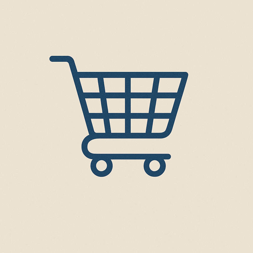 pictogramme d'un cadis de courses bleu foncé sur fond beige
