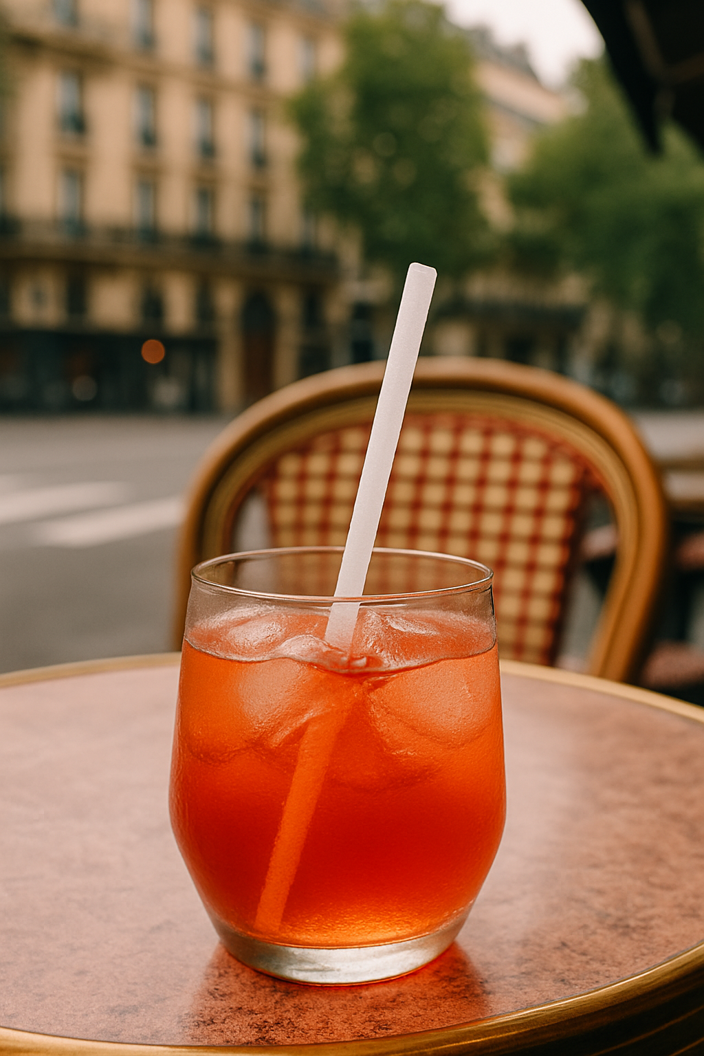 short drink de couleur orangé posé sur une table en bois en terrasse, avec une paille Classic Berry blanc givré dedans. Arrière plan avec une chaise de brasserie et rue
