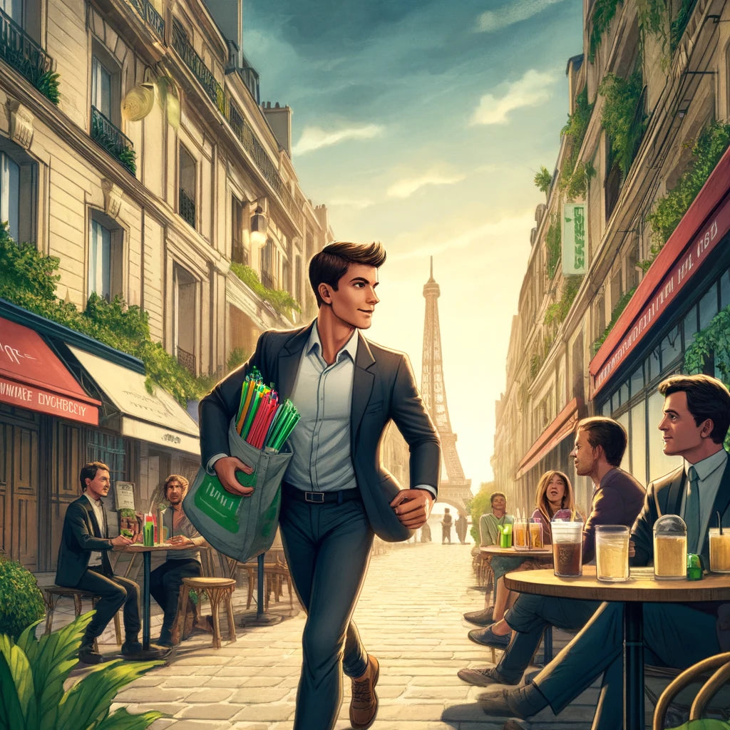 visuel ia type dessin d'un homme en costume sans cravate qui court avec un grand sac de pailles réutilisables de toutes les couleurs au bras avec sourire. il court au milieu d'une rue avec des personnes attablées en terrasse autour et la tour eiffel en arrière plan