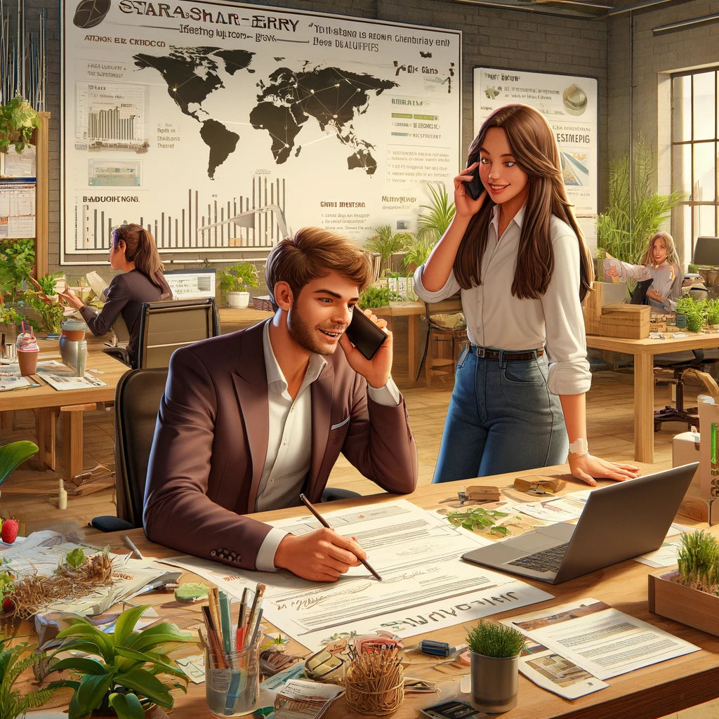 dessin ia d'un homme en costume et d'une femme qui parle au téléphone dans un environnement professionnel en bois et plantes végétales