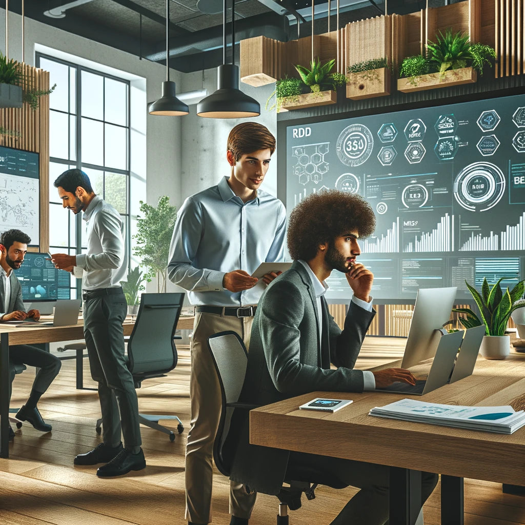 4 hommes en costume dans un environnement R&D, avec ordinateur et papiers sur les bureaux