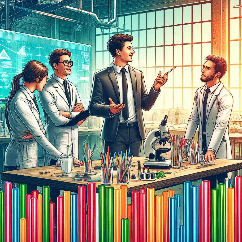 photo ia type dessin d'un homme en costume qui parle avec deux hommes et une femmes scientifiques en blouse. Pailles de couleur rouge, orange , jaune , vertes et bleu sur le plan avant et environnement scientifique en arrière plan