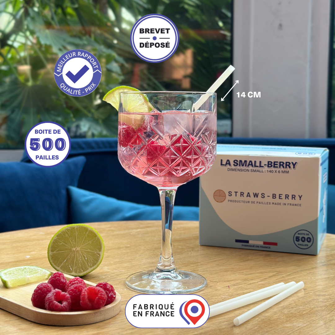 Small Berry la petite paille de 14 cm pour les shorts drinks et cocktails fabriquée en France. Boîte de 500 pailles avec brevet déposé