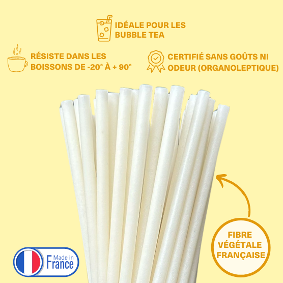 Pailles bubble tea en fibres végétales françaises de straws-berry sur fond jaune, résistantes jusqu'à -20° et +90°, certifiées sans goûts ni odeur 