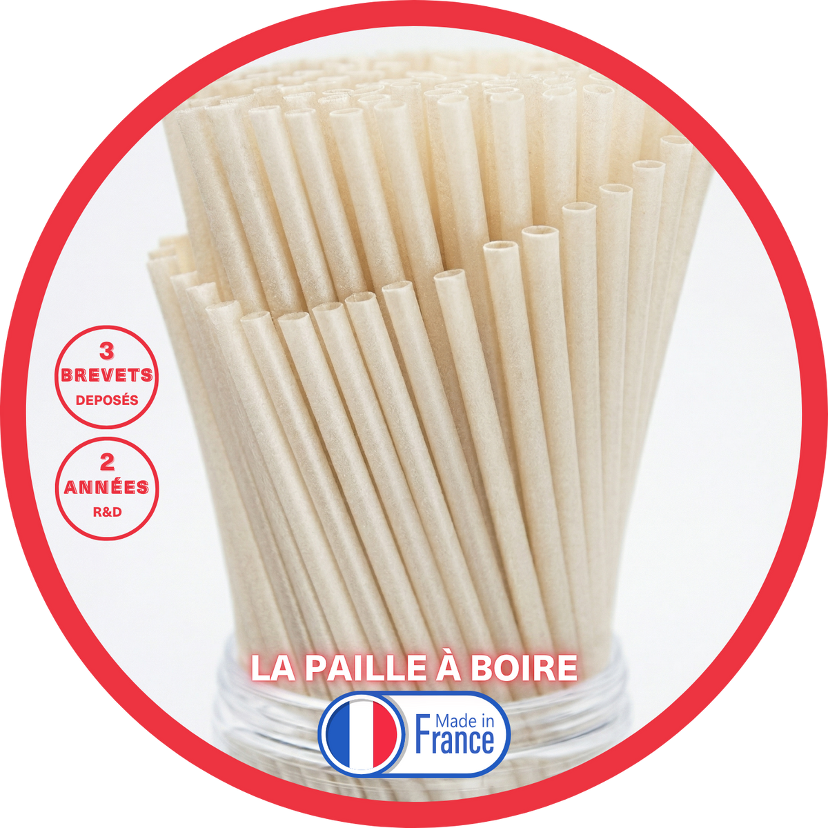 plusieurs pailles à boire en fibres végétales et minérales françaises blanc givré made in france Stras-Berry, 3 brevets déposés et 2 années R&D